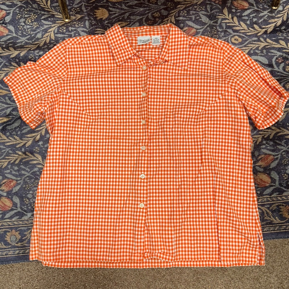 Orange Gingham Button Down Shirt Womens 20W Plus Size Cotton Cottagecore Preppy